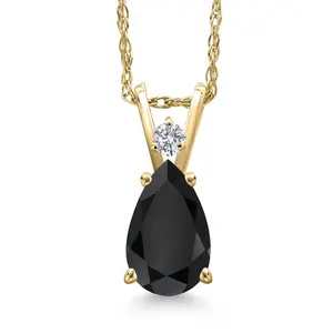 Gem Stone King 14K Yellow Gold Black Onyx and Lab Grown Diamond Pendant Necklace for Women | 1.30 Cttw | Gemstone December Birthstone | Pear Shape 9X6MM | With 18 Inch Chain