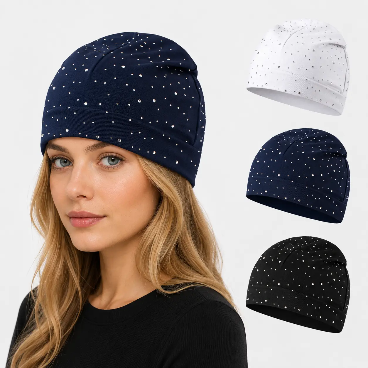 Women’s Rhinestone Beanie Hat, Lightweight Stretch Skull Cap with Sparkling Crystal Details, Soft Close-Fit Fashion Beanie for Casual Wear, Running and Outdoor Activities