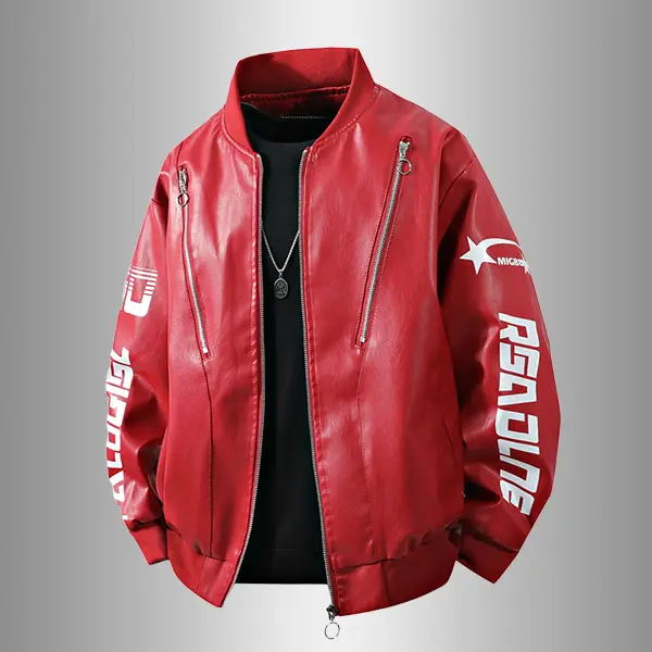 Men's Tops, Motorcycle Style PU Leather Bomber Jacket with Star Letter Print, Loose Fit and Baseball Collar, Menswear, Coats, Stylish, Casual