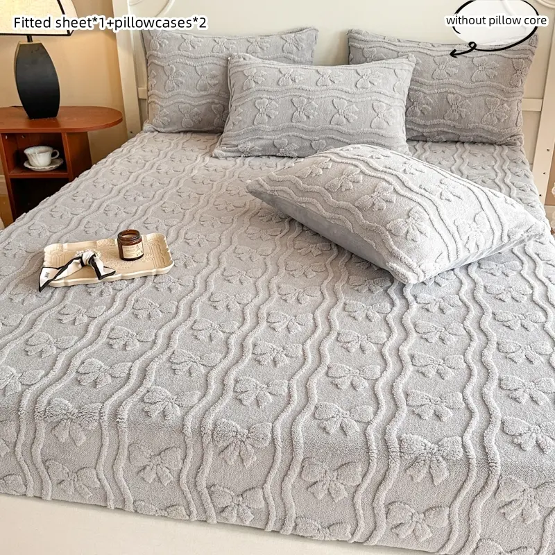 3pcs bowKnot pattern Short Plush Bed Sheet Set, including 1 Fitted Sheet and 2 pillowcases. The bed sheet comes with elastic bands that are not easy to slip off, and the fabric is soft, suitable for winter, Decorative Bedsheet Sets, Bed Linens