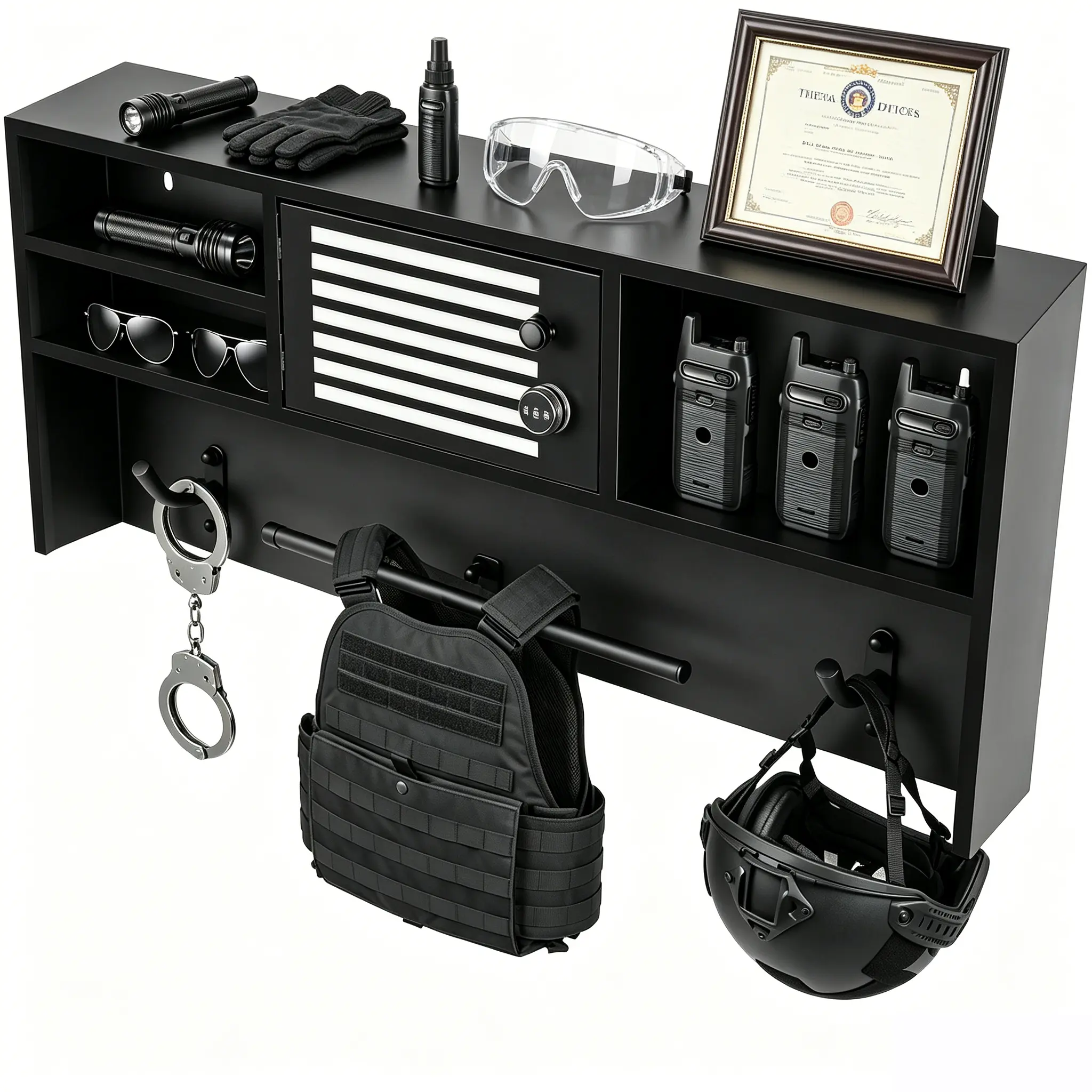 Solid Lockable Wall-Mount Organizer Rack (35.5×14.5×3.9 in) – Single Unit with Wall Mount Design, Lockable Shelf, Vest Hang Access Hooks, Top Flashlight Holder, Quick Install for Home & Law Enforcement Gear Storage