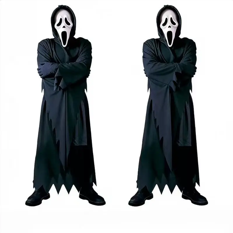 Men's Sports Sweat Suit Ghost Face Costume, Scary Halloween Slasher Cosplay Outfit with Hooded Robe, Gloves, Toy Knife - Ideal for Horror Movie Parties, 1 Size Fits Most