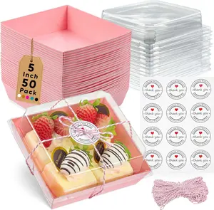50 Pack Small Clear  Boxes - Dessert Boxes To Go - 5Inch Disposable Paper Mini Containers for Cookie, Cake Slice, Charcuterie, Bakery, Pastry, Strawberry, Baked Goods Packaging ()