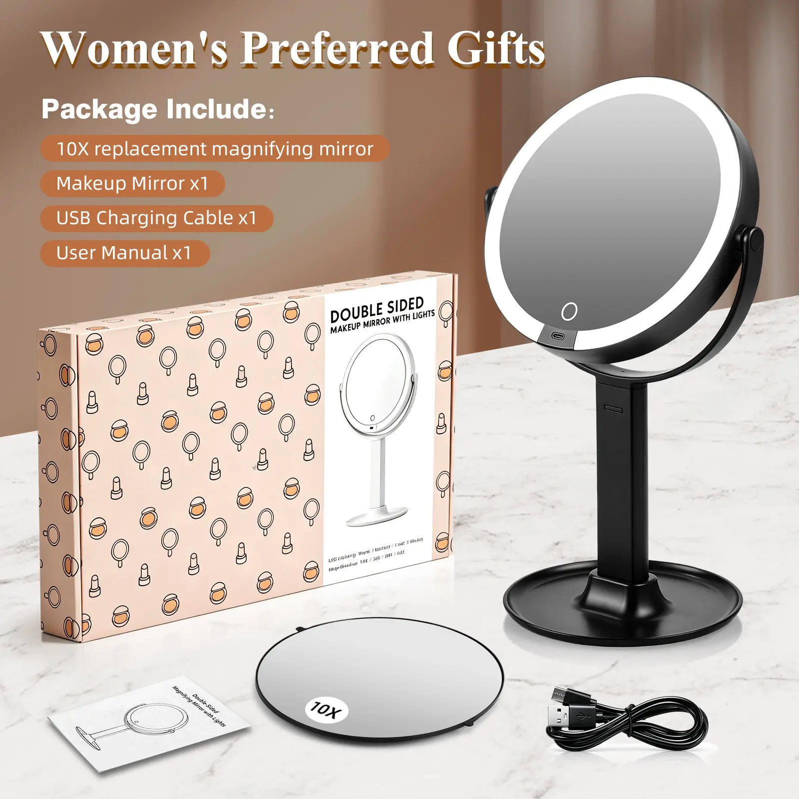 Everyday Mirror Lighted LED Makeup Mirror with Gift Box, Rechargeable Desktop Vanity Mirror with Replaceable Mirror Surface, Elegant Dressing Table Mirror for Bedroom, Living Room & Beauty Routine