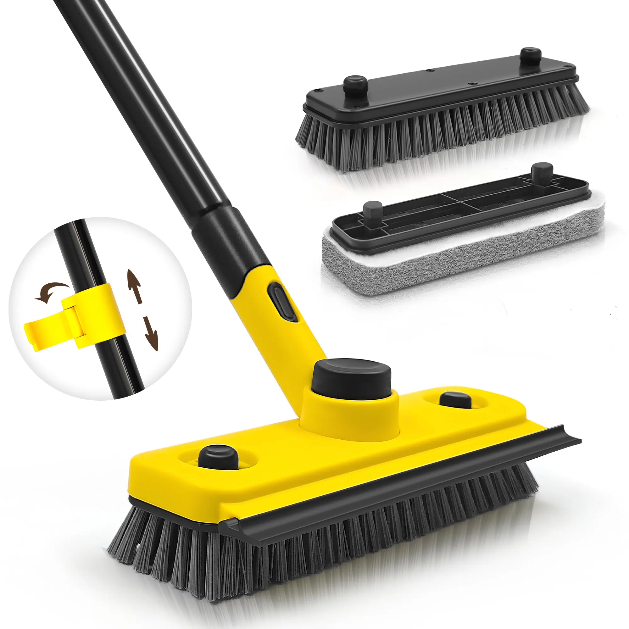 JEHONN Shower Cleaning Brush, 53.5 inches Long Handle Scrubbing Brush, 3-in-1 Bathroom Tub Tile Scrubber Mop with Squeegee for Bathtub Sink Tile Floor Wall Glass Deck (Yellow)