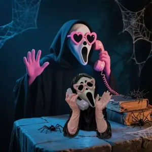 Pink Halloween Ghost Figurine Luminous Resin Screaming Face Ghost Statue, Hand-Painted Spooky Glowing Ghost Ornament, Glowing Resin Screaming Girl Phone Holder Statue, Gothic Halloween Desk Decor with Realistic Black Color & LED Base