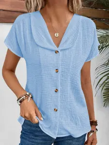 Cowl Neck Short Sleeve Button Front Blouse, Casual Loose Fit, Daily Wear