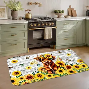 Sunflower Highland Cow Kitchen Mat, Non-Slip Oil-Resistant Absorbent Foot Pad, Soft Flannel Carpet for Kitchen/bathroom/dining Room, Farmhouse Kitchen Rugs