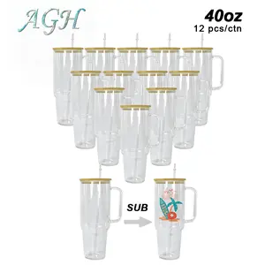AGH 12pcs 40 OZ Clear Glass Tumbler with Handle Sublimation Blank Glass Cups with Bamboo Lid Wide Mouth Iced Coffee Cups for Smoothie Juice Drinkware