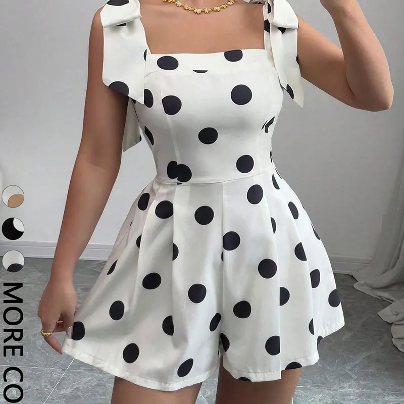 Elegant and Sexy Polka Dots Sleeveless Strappy A-line Romper, Cute Fashionable Jumpsuit, Womenswear, Suitable for Party and Graduation Season