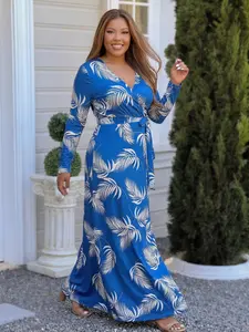 Women Plus Size Summer Palm Leaf Print Wrap Maxi Dress, Deep V Neck Long Sleeve, Tie Waist Casual Chic Flowy Long Dress, Slim-Fitting All over Print