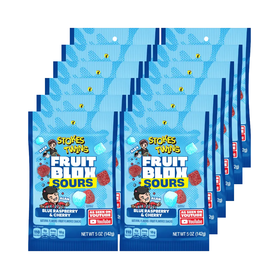 FruitBlox Sours Stokes Twins Blue Raspberry & Cherry Fruit Snacks, 12 x 5oz Bags
