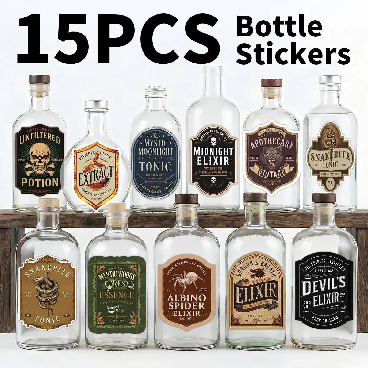 15 Vintage Magical Potion Bottle Labels Stickers for Halloween Witchcraft Dark Style, Old Parchment Design, Handout, Scrapbooking, Journal Decor & Scrapbook Accessories, Cross-Border Popular Dark Sticker Set