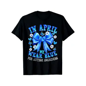 In April, we wear blue clothing to raise autism awareness. This T-shirt features a bow pattern. It's a casual T-shirt