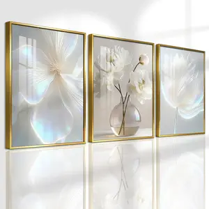 3 Counts Aluminum Alloy Framed Painting, White Floral Vase Artwork, Home Decoration For Living Room, Bedroom, Office, Restaurant, Hallway Wall Decor, Odorless Print Artwork, Luxury Perfect Gift For Friends And Family