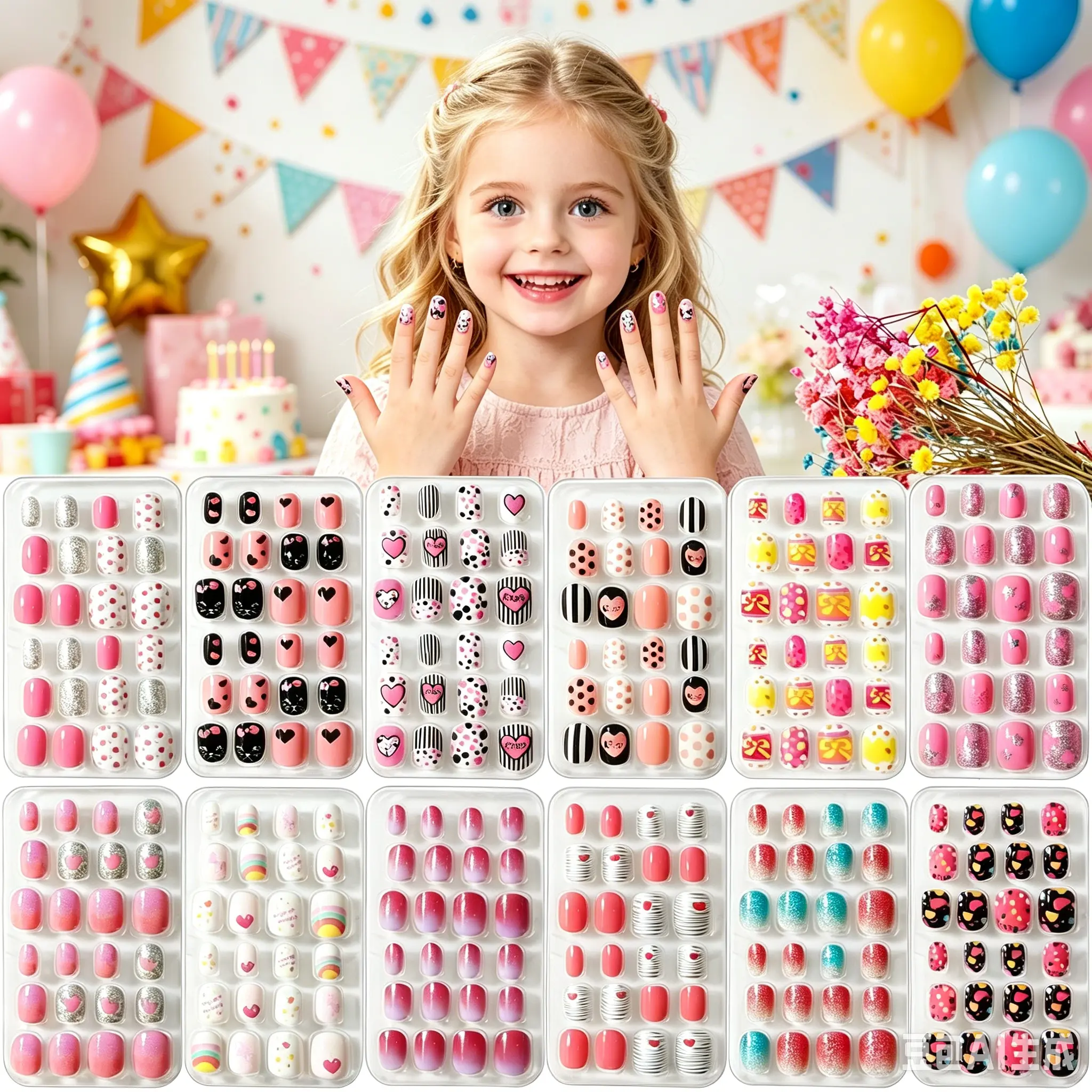 EBANKU 288 PCS Girls Press-On Nails Gift Set, Short Full Cover Fake Nail Tips with Colorful Cute Patterns, Easy Wear Nail Set for Party Favor, Birthday and Holiday Gift