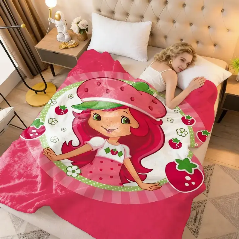 Oversized Winter Microfiber Fleece Knee Throw Blanket - Food Themed, Strawberry Motif, Fruit Print, Patchwork Design, Lightweight Soft, Elastic Breathable Bedding for Bed, Sofa Decoration summerwins, Food Themed Blanket