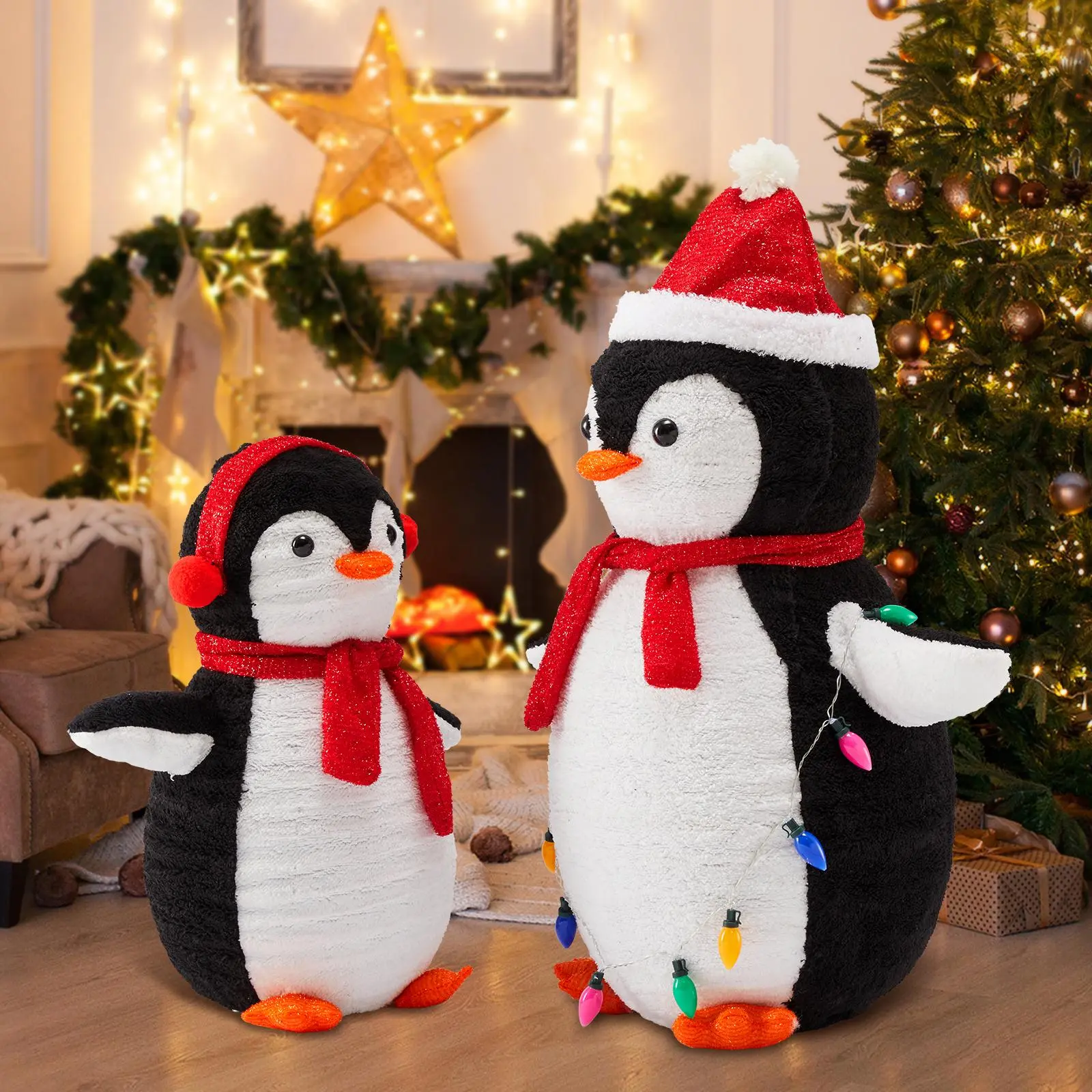 Pre-String 150 Energy-Saving Multi-Color LED Lights Pop-Up Christmas Penguin Outdoor Decoration – Illuminated Fairy-Tale Design with Fur-Like Fabric, Durable Metal Frame, Easy Setup & Storage, Winter Courtyard Decor