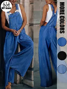 Plus Size Solid Color Denim-effect Print Overalls, Sleeveless Pocket Overalls for Everyday Outdoor Wear, Women's Plus Clothing for All Seasons, Dungarees, Casual Comfy Jumpsuit, Street Fashion Jumpsuit