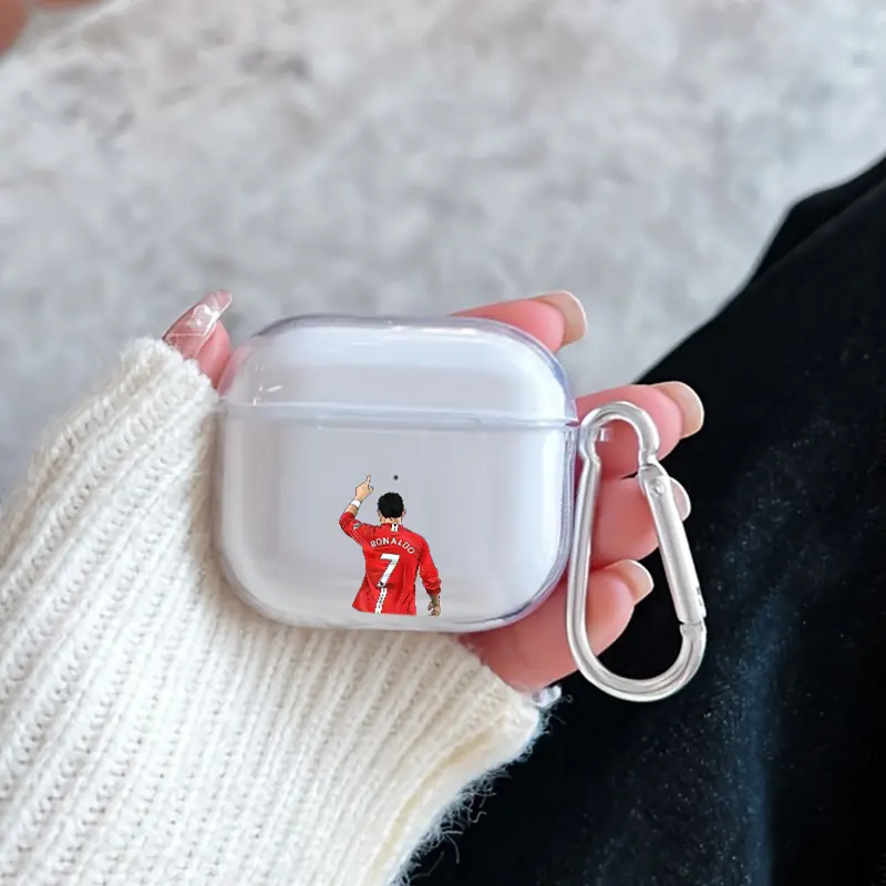 Football Player Pattern Protective Case for AirPods 4/3/2/1/Pro/Pro2 Soft TPU Earphone Cover, Transparent with Keychain