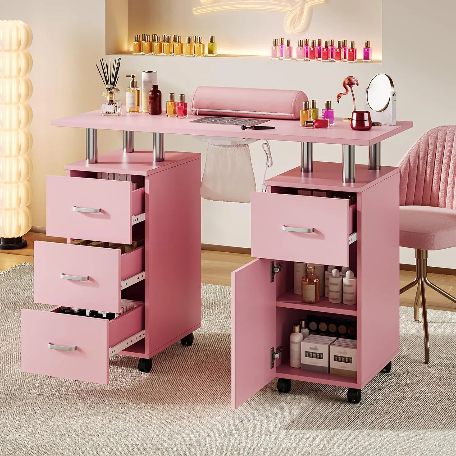Professional Nail Desk with Electric Dust Collector, Nail Tech Table for Salon & Home Use, 4 Drawers Storage Cabinet, Lockable Wheels & Arm Rest