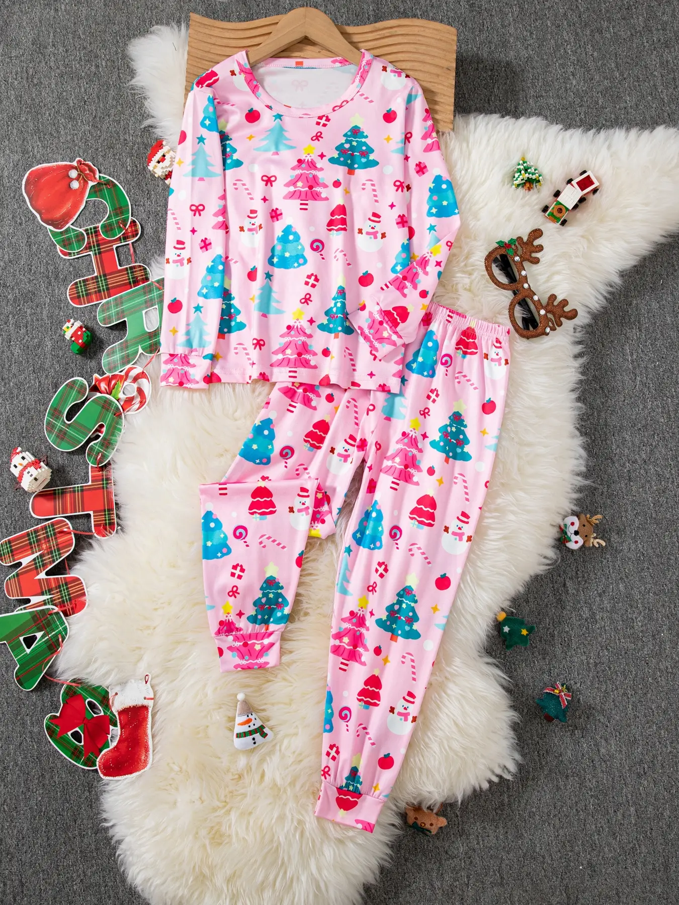Girls' Christmas Party Snowman Print Pajama Set, 2 Piece Long Sleeve Round Neck Sleepwear, Fall Home Wear, Cute Holiday