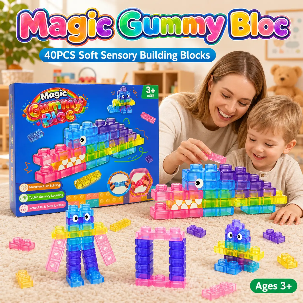 40PCS TPR Plastic Soft Gummy Blocks Set for Kids Ages 3+, Colorful Building Toy for Robots/Animals Creation & Creativity, Easy-to-Hold Screen-Free Plaything