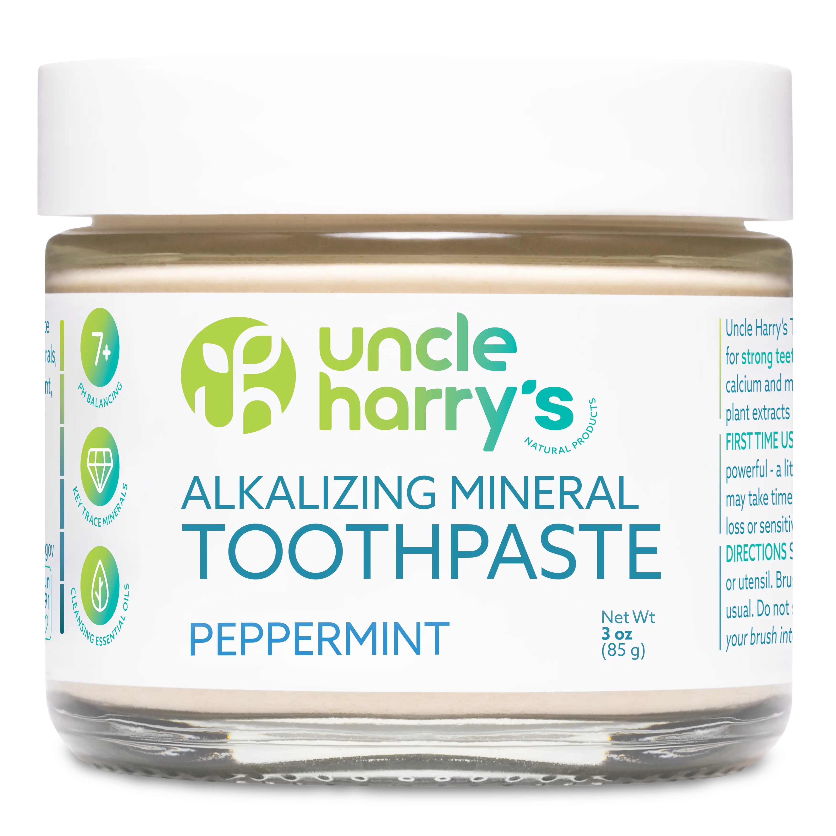 Uncle Harry's Alkalizing Mineral Peppermint Toothpaste - Gluten-Free, Vegan, Fluoride-Free, Natural Ingredients, 3 oz Glass Jar, Leaping Bunny Certified, Women Business Owned Certified, Non GMO Certified