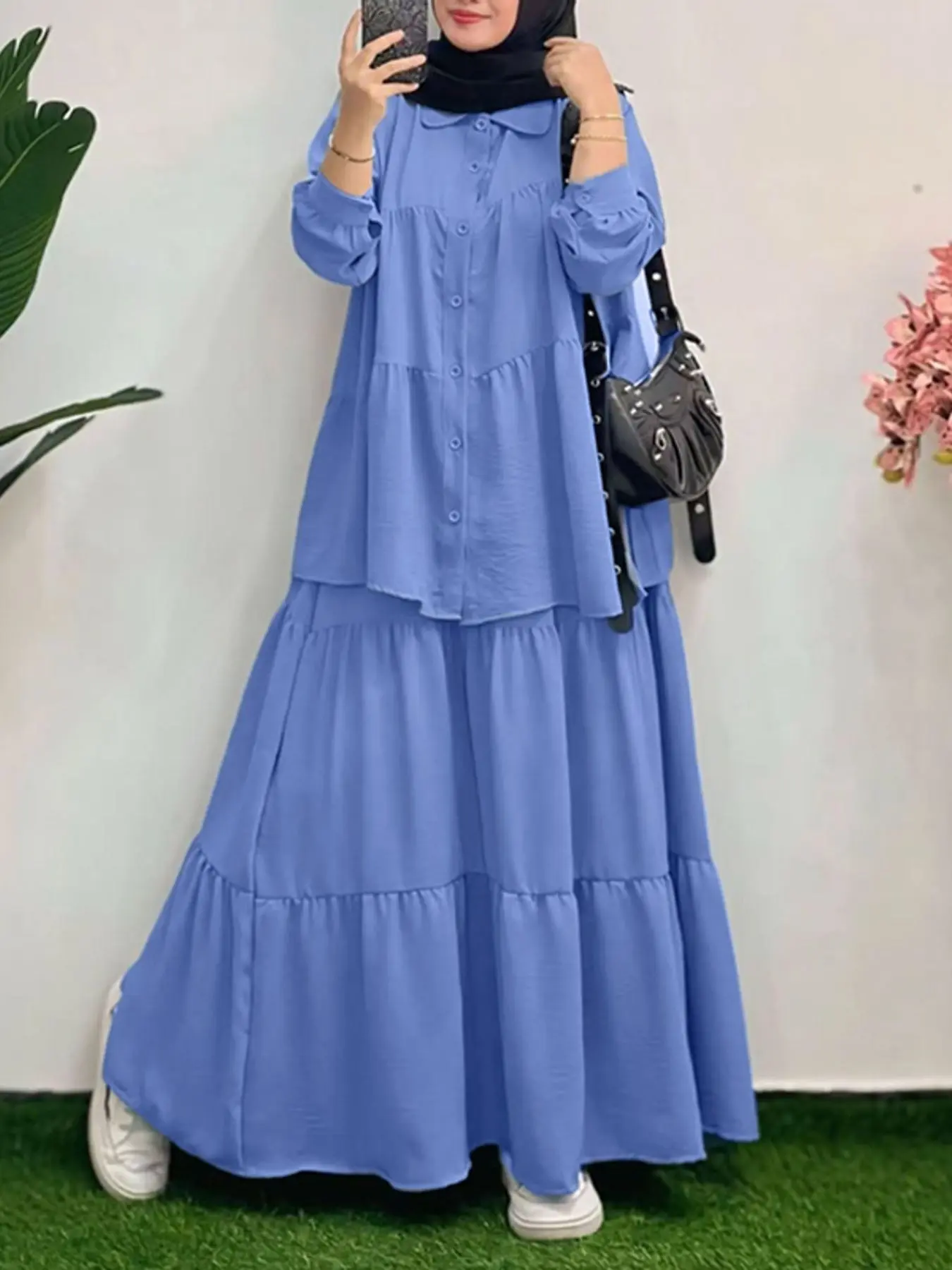 Women's Lapel Long Sleeve Layered Button-Down Shirt + Elastic Waist Layered Skirt Set, Fashion Muslim Set, Casual Loose-Fit Two-Piece Matching Set for Spring & Fall, Fashion Style Sets, Matching Outfits Set