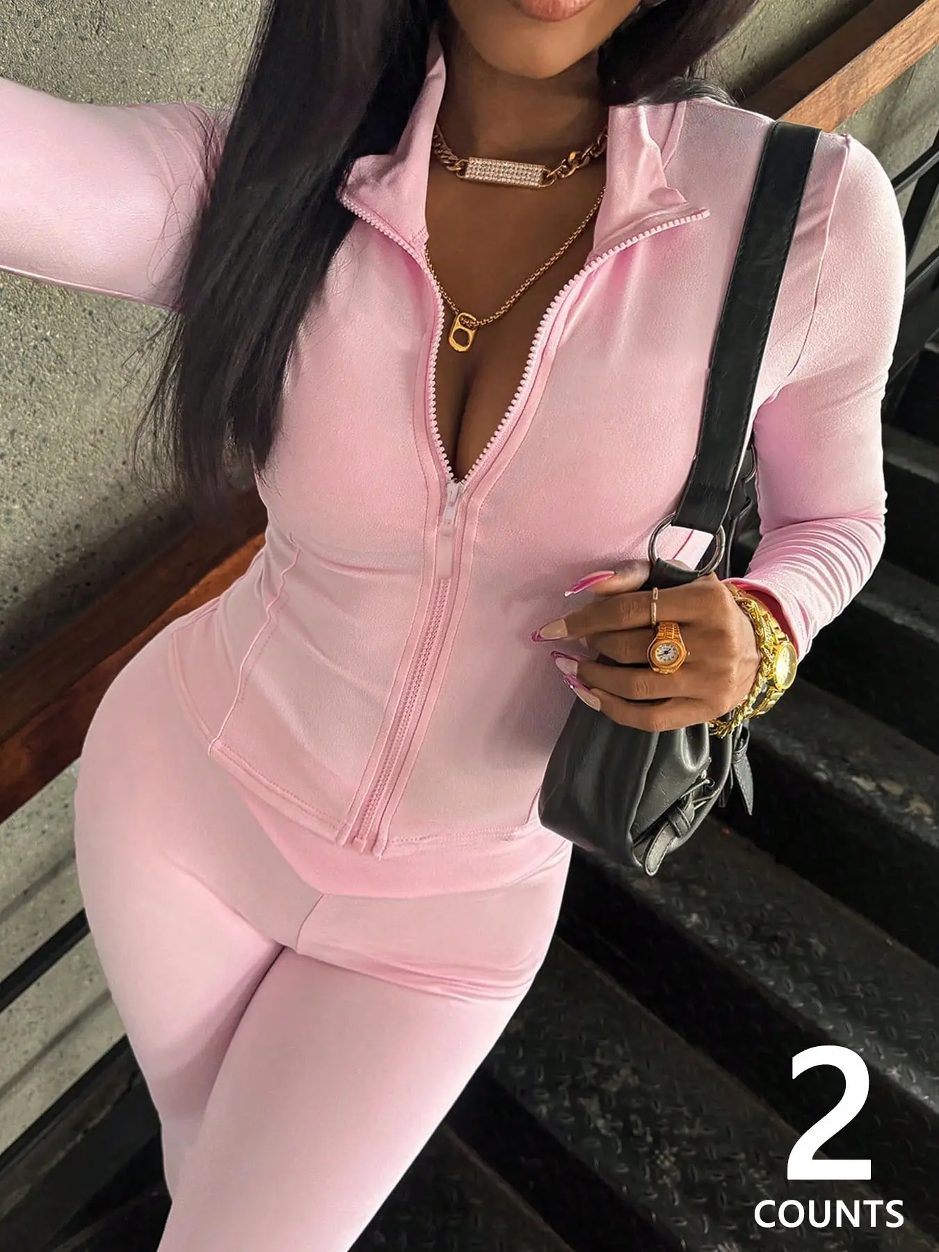 Women's 2-piece Pink Tracksuit, Slim-fit Full-zip Top & Flare Pants, Soft Fabric Casual Streetwear for Daily & Party Looks, Solid Tracksuit Set, Sport Casual Outfit, Casual Sportswear Set