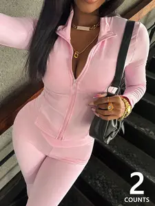 Women's 2-piece Pink Tracksuit, Sweatsuit Outfits, Slim-fit Full-zip Top & Flare Pants, Soft Fabric Casual Streetwear for Daily & Party Looks, Athleisure Street Fit