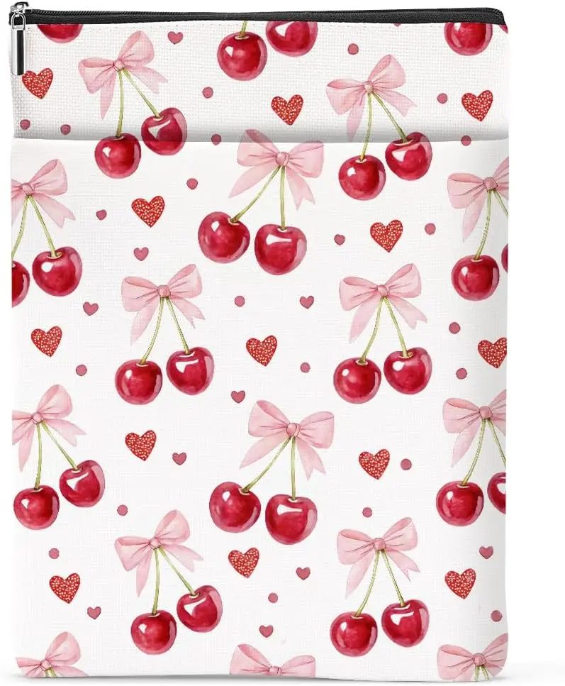 Cherry Bows Decor Book Lovers Gifts  Book Sleeve Books Pouch Books Protector with Zipper and Front Pocket Bookish Gifts Cover Case for Women Girl Friend Reader Reading Accessories