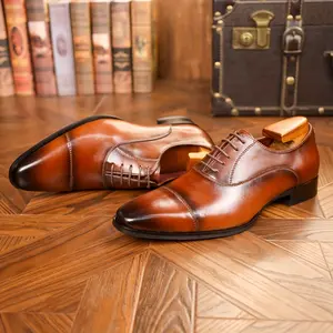 Wear-resistant Solid Leather Cap Toe Oxfords - Men's Classical Non Slip Lace-up Dress Shoes For Business Office, Wedding