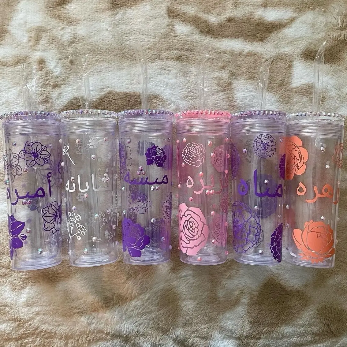 Custom Name and Flower Acrylic Tumbler with Rhinestones and Straw