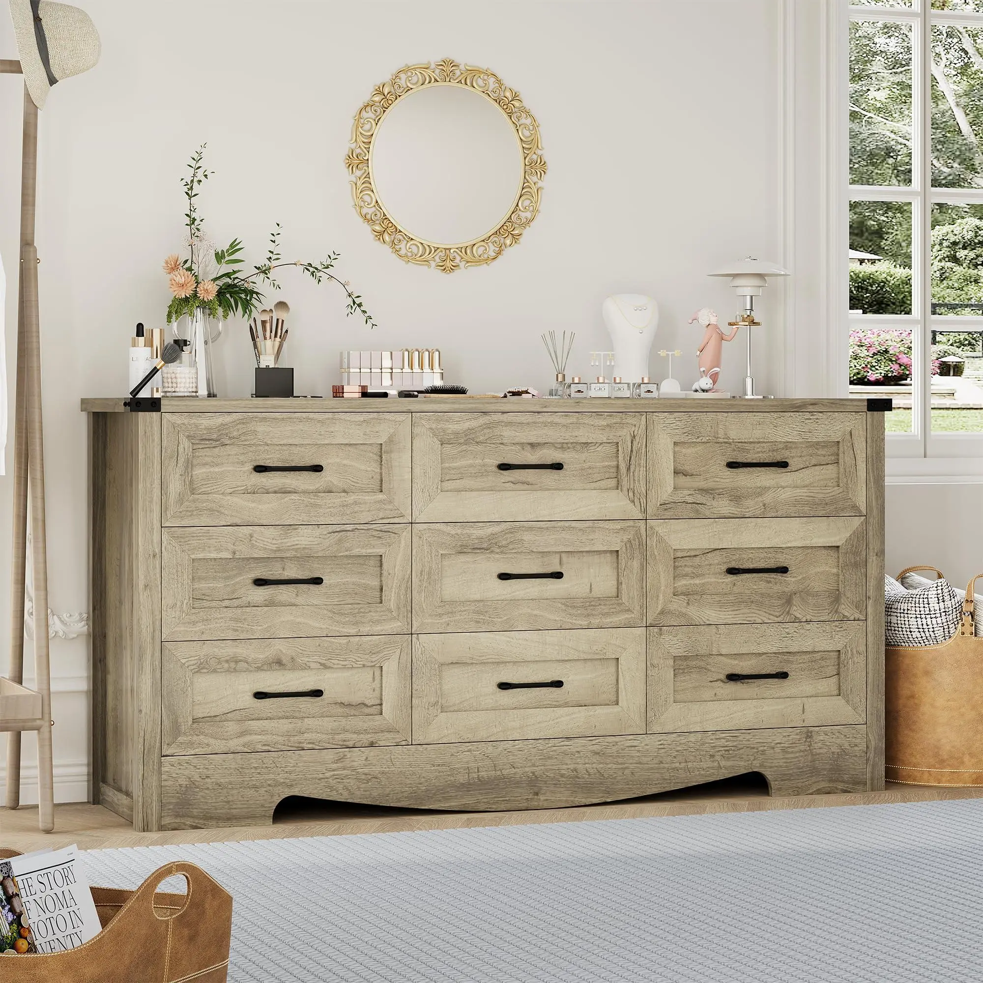 GARVEE 59" Wide 9-Drawer Dresser for Bedroom, Farmhouse Tall Wooden Chest of Drawers with Mid Century Modern Style, Sturdy Storage Cabinet & Anti-Tip Safety for Living Room, Closet, Home Office
