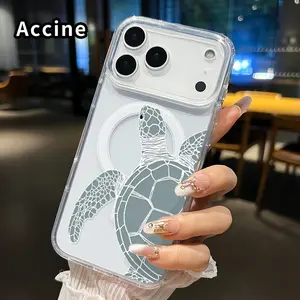 Clear Magnetic Case for iPhone 17 16  Pro Max Plus 15 14 13 12 11 Air E Sea - turtle silhouette  Pattern Acrylic Hard Back Soft Silicone Edge Bumper Sockproof Cover