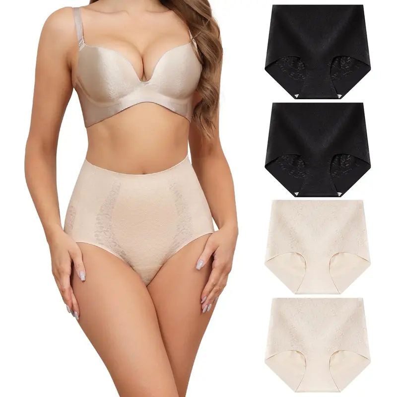 LEVAO Women's 4-Pack High-Waist Seamless Panties, Tummy Control, Full Coverage, Soft Lace, Smooth Spandex, Breathable Elastic Underwear S-XXL