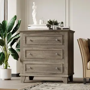 Gaomon 3-Drawer Farmhouse Wood Dresser with Vintage Handles, MDF Cabinets, Anti-Tip Storage Unit, Gray Indoor Furniture for Bedroom & Living Room