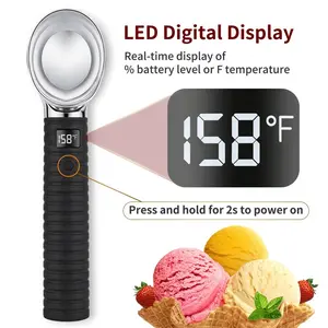 Electric heating ice cream scoop with digital LED display, 2000 mAh rechargeable USB, IP67 waterproof rating, maximum capacity 2 ounces, maximum temperature 158 degrees Fahrenheit, ergonomic handle for easy scooping.