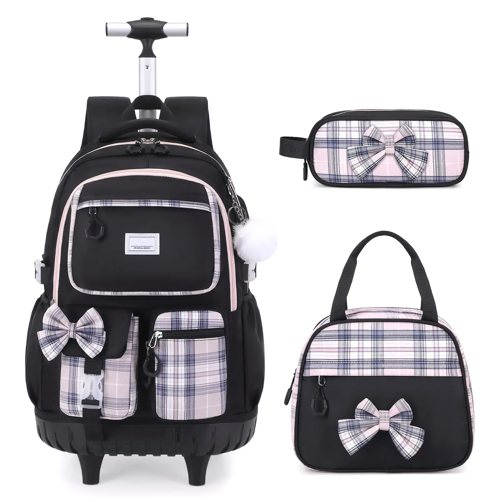 Similove Rolling Travel Backpack for Girls, Roller Backpack Luggage with Wheels, Cute Bow Wheeled School Bookbag Set with Lunch Bag & Pen Case, Suitcases for Kids Teens Elementary Middle Student  Smooth Organiser