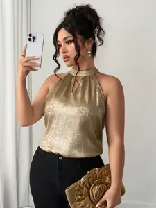 Plus Size Gold Metallic Halter Sleeveless Top - Elegant Chic Cold-Shoulder Cutout Design Blouse for Office & Party