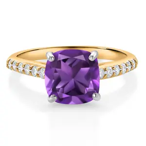 10K Yellow Gold 8MM Cushion Cut Purple Amethyst and White Lab Grown Diamond Engagement Ring For Women (2.28 Cttw, Gemstone February Birthstone)