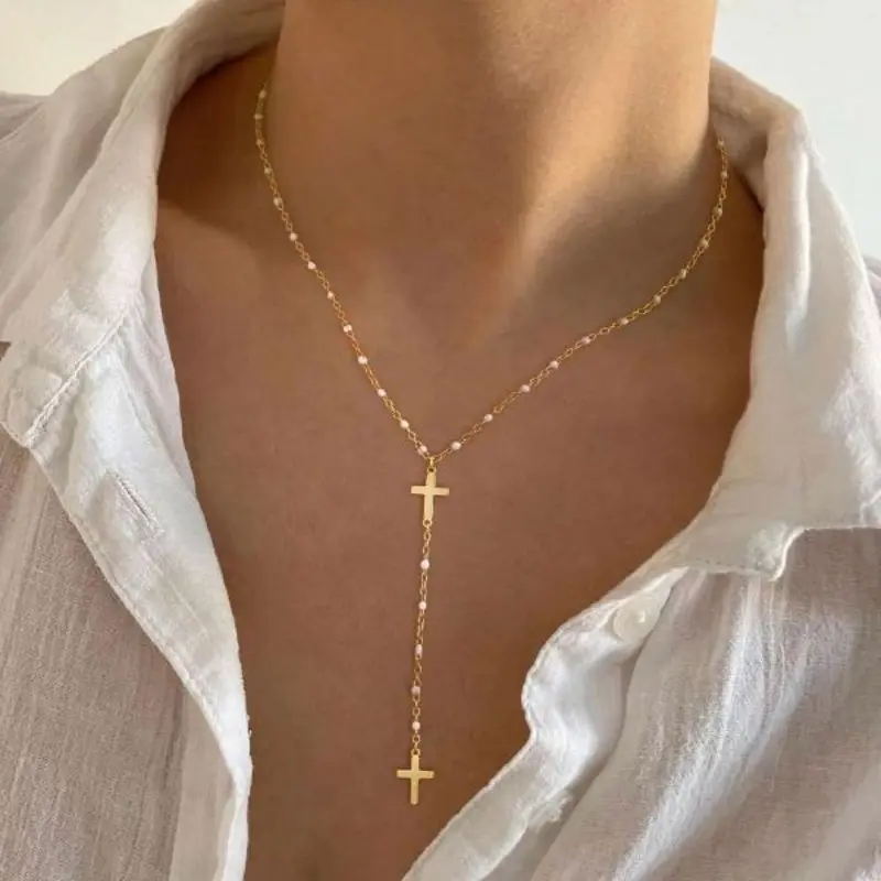 Dainty Cross Lariat Necklace for Women, Gold Plated Y-Shape Chain Link Design, Adjustable Hypoallergenic Stylish Accessory, Bling Stylish Accessory, Crucifix Necklaces, Gold Plated Necklaces