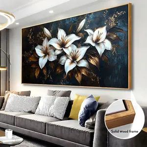 Solid wood frame - Vintage three-dimensional abstract printed canvas art painting in yellow and white flowers - Can be hung - Modern poster, room, bedroom, home wall decoration, bathroom accessory, wall art, gift