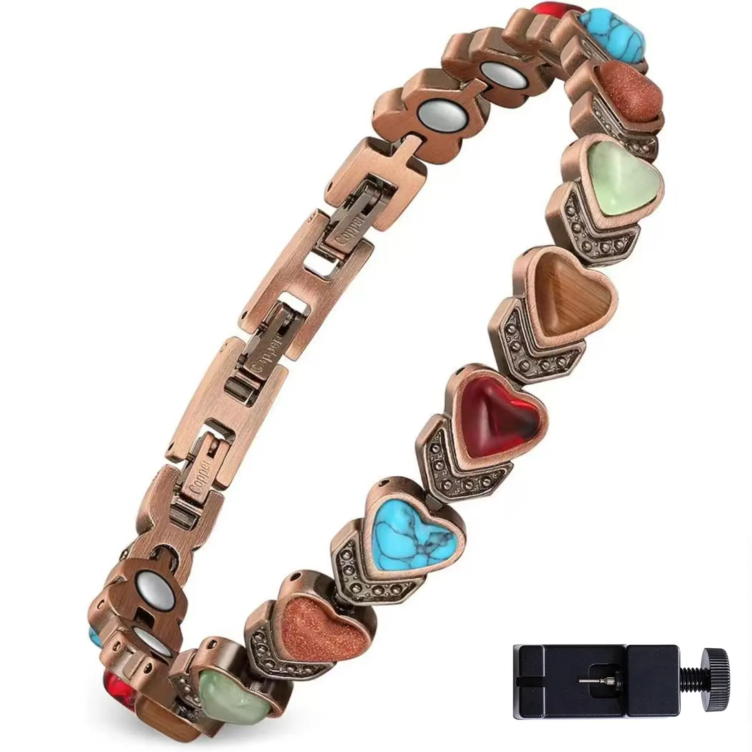 Copper Metal Bangle, Vintage Style with Gradient Gemstone Hearts, Fashionable Magnetic Link for Stacking & Everyday Wear, Fashionable Bracelet, Heart Design Bracelet, Heart Bracelets, Exquisite Trendy Bracelet