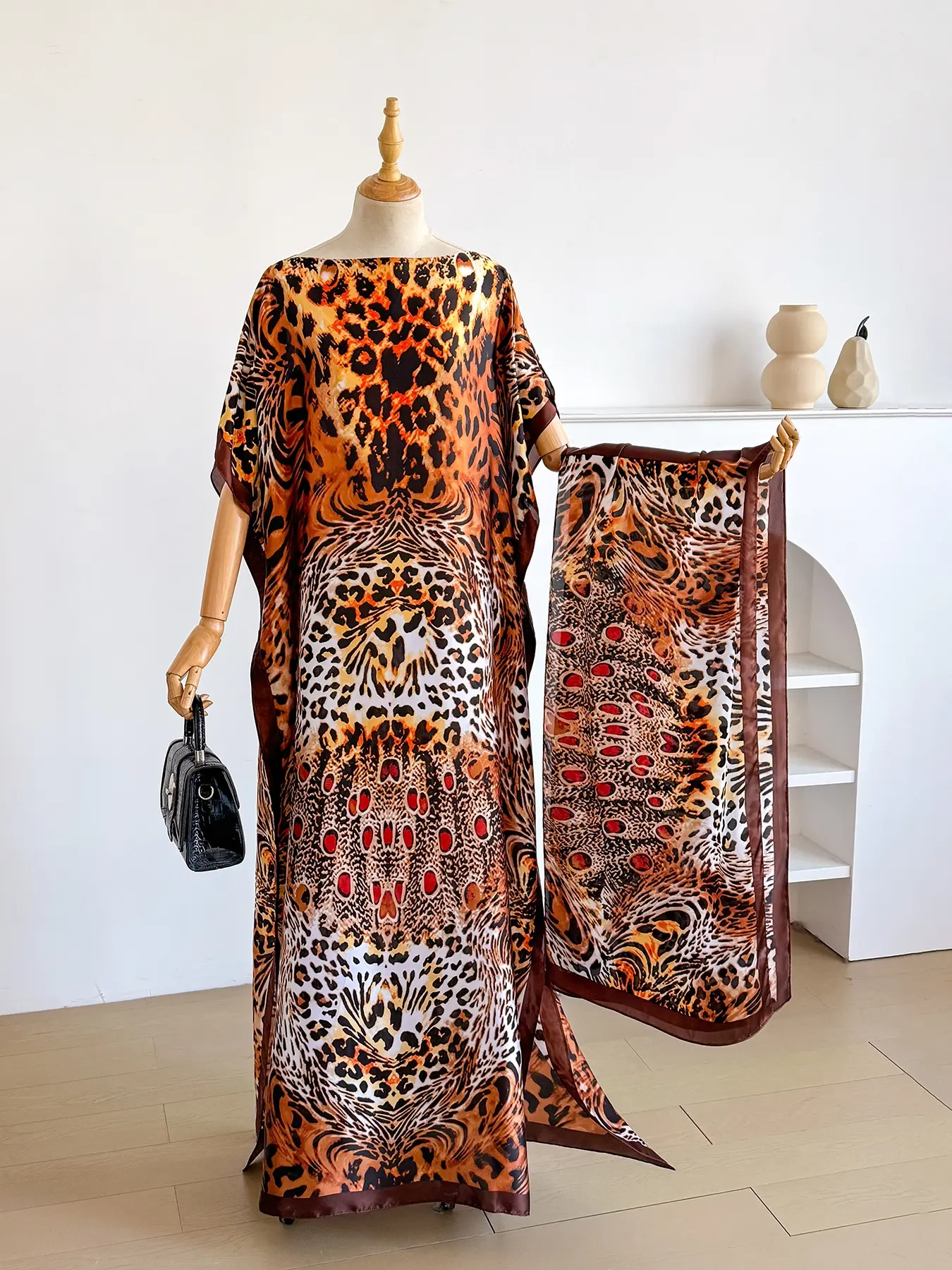 Women's Leopard Print Long Sleeve Kimono & Bandana Set, Casual Open Front Outerwear & Square Scarf Set for Beach Vacation, Ladies Clothes Accessories for All Seasons Women's Leopard Print Long Sleeve Kimono & Bandana Set, Casual Open Front Outerwear & Square Scarf Set for Beach Vacation, Ladies Clothes Accessories for All Seasons