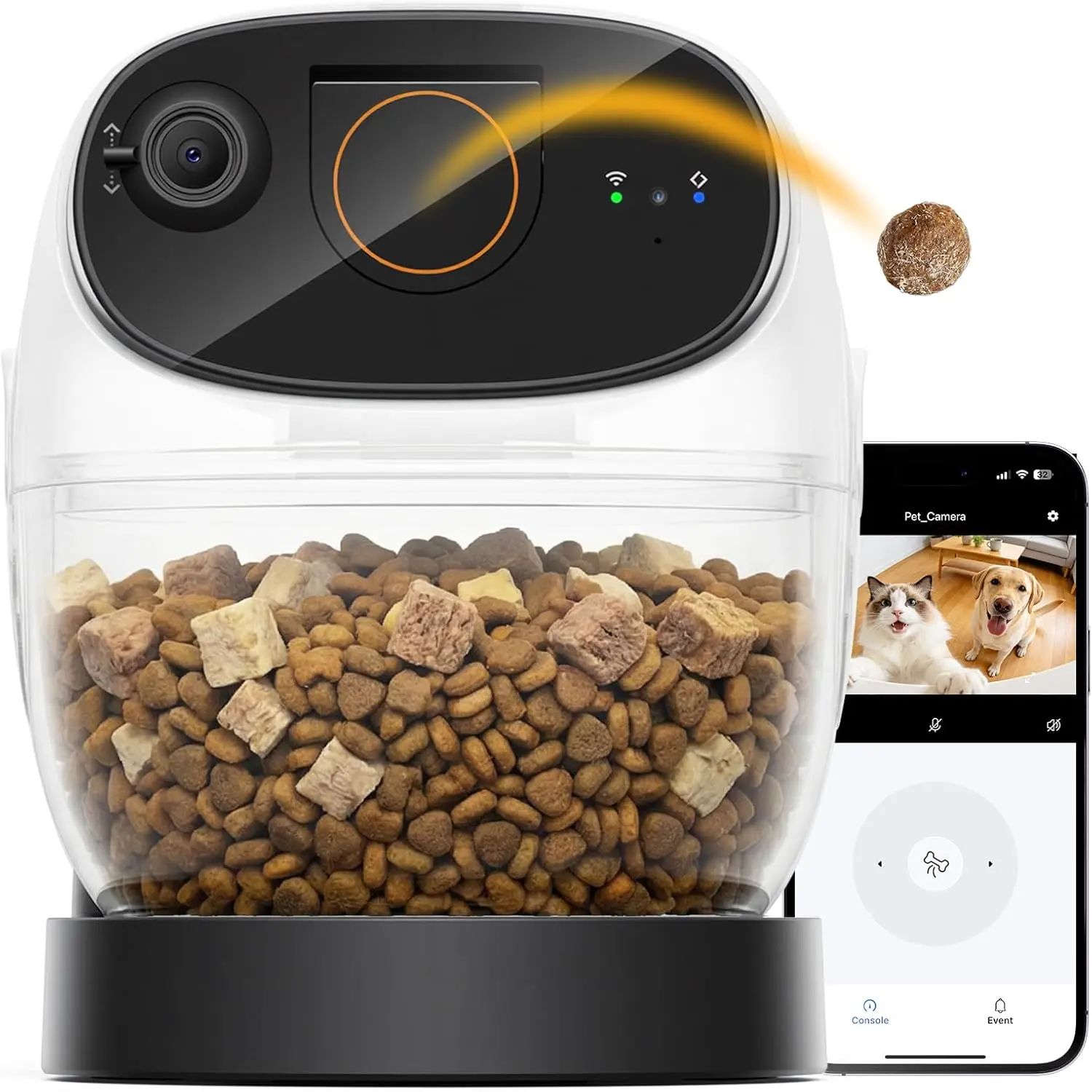 2026 3K Pet Camera Treat Dispenser, 32ft Remote Treat Tossing Automatic Selective Pet Puzzle Feeder for Dogs & Cats, 360° View Indoor Security Cam, Barking Alerts, No Subscription, 5G WiFi, Relieve Separation Anxiety