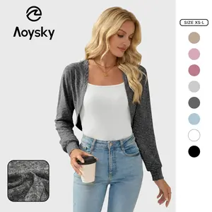Aoysky Women's Collared Long-Sleeve Fitted Minimalist Cropped Knit Cardigan - Casual Open-Front Bolero Shrug Knitwear for Dresses