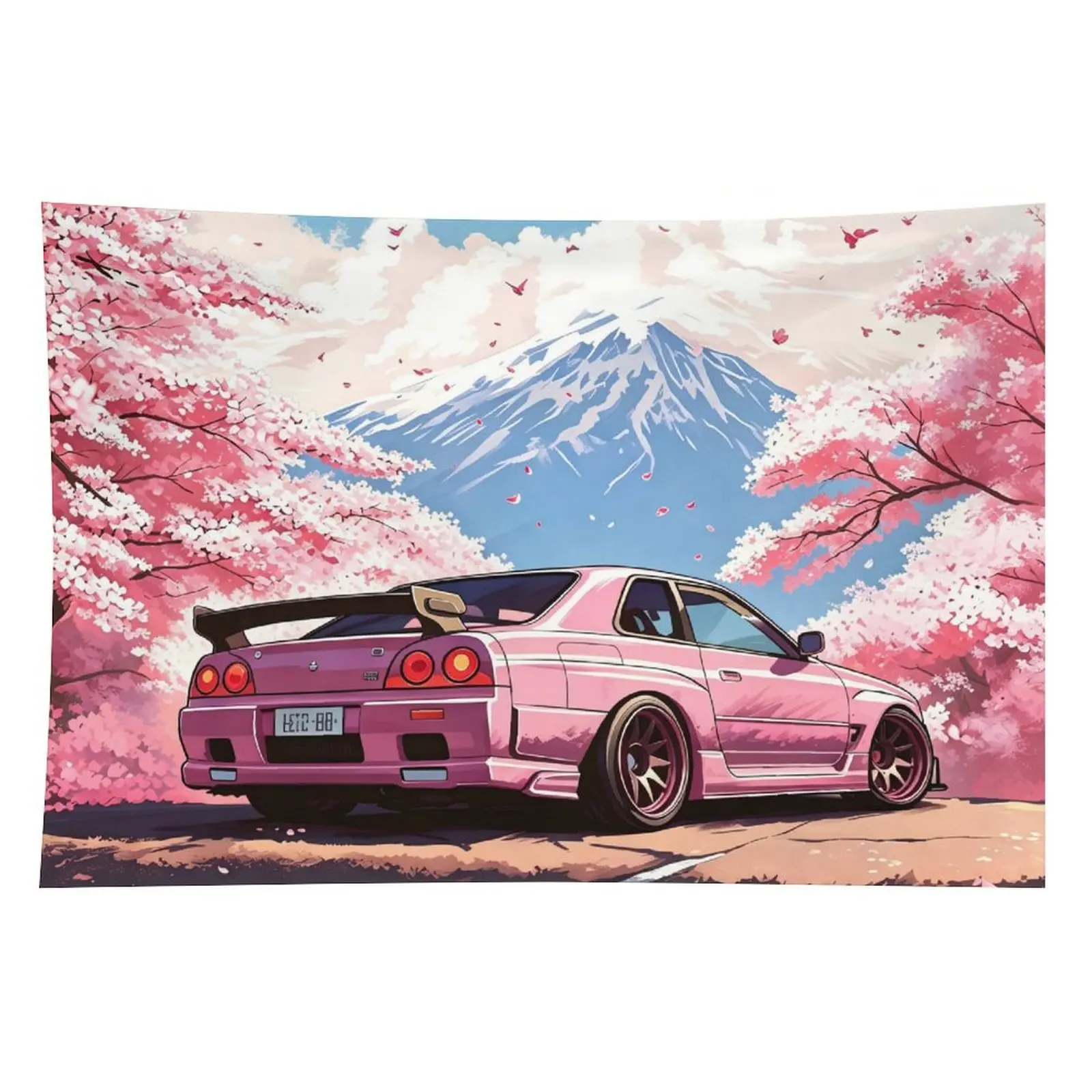 Car Tapestry Wall Hanging Decoration - Japan JDM R34, Pink Cherry Blossoms Tree & Mount Fuji Print, 40"x60" Indoor Bedroom Home Decor for Home Supplies