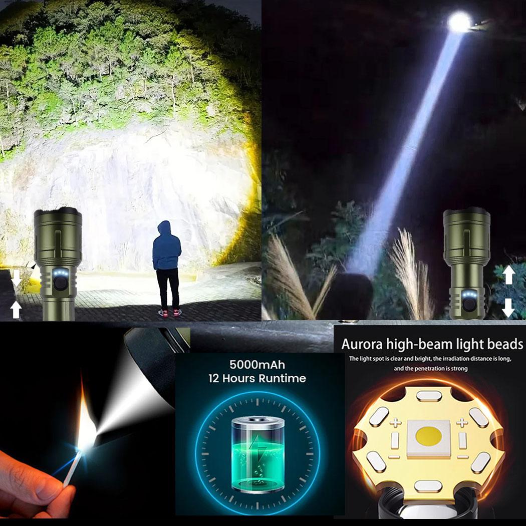 LED flashlight, high brightness, with a focusing lens, super bright rechargeable, 5000mah large battery, all-aluminum material, variable focus, five lighting modes, essential for camping, suitable for outdoor and home use